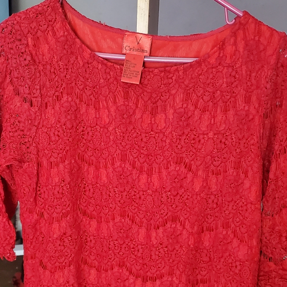 V Cristina Red Lace 3/4 Sleeve Blouse